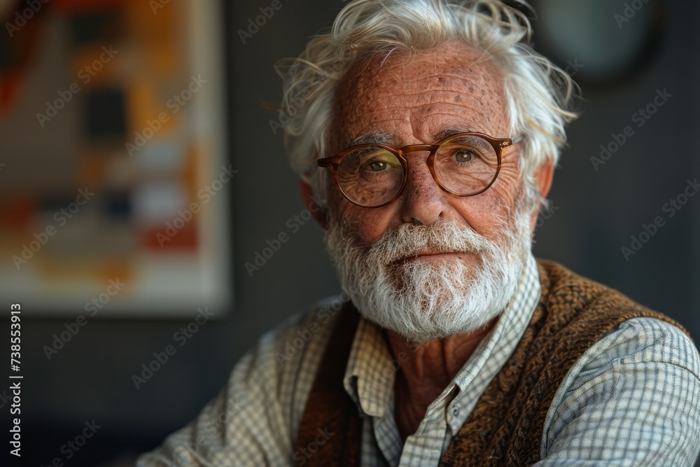 Wisdom is conveyed by a Reflective Senior Man with Life Stories against a Silver Background Wisdom is conveyed by a Reflective Senior Man with Life Stories against a Silver Background