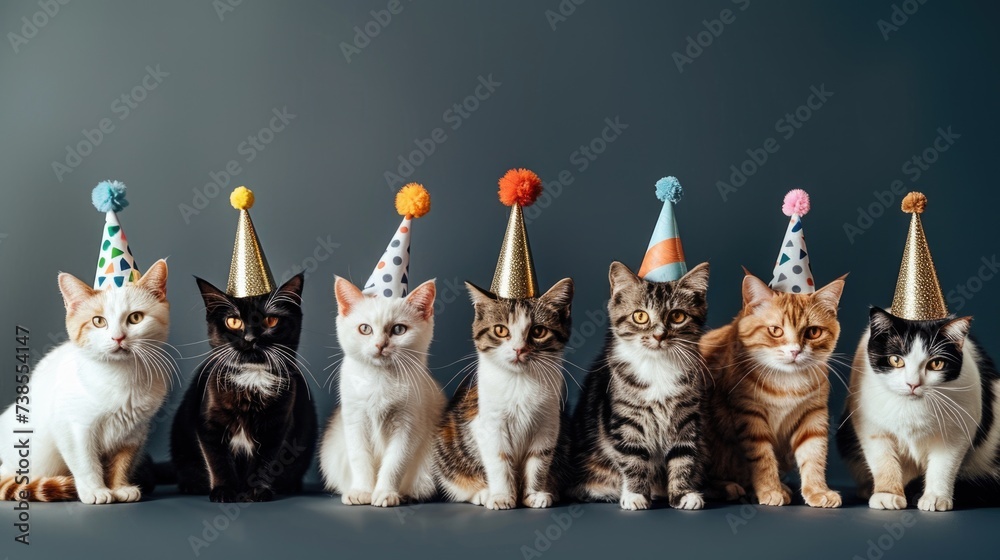 A series of adorable cats partaking in birthday festivities, each donning a unique party hat, positioned above a sweet "Happy Birthday" greeting - obrazy, fototapety, plakaty 