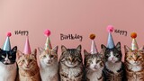 A series of adorable cats partaking in birthday festivities, each donning a unique party hat, positioned above a sweet 