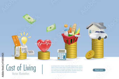 Cost of living, financial expenses allocate on stack of gold coins. Money management with fixed income in mortgage home, car, food, medical and electric bills. 3D vector.