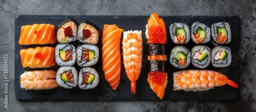 Delicious sushi arranged in a top view