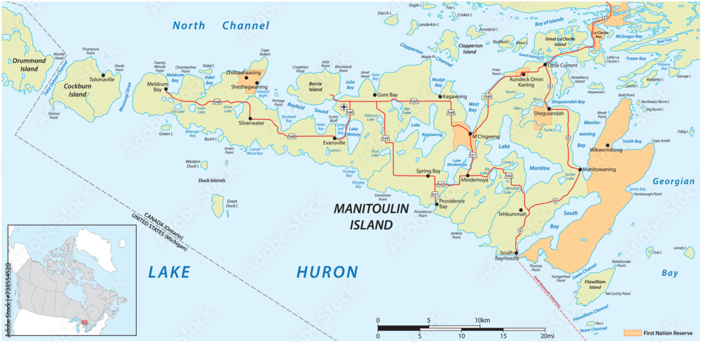 Vector map of the Canadian island of Manitoulin in Lake Huron, Ontario, Canada