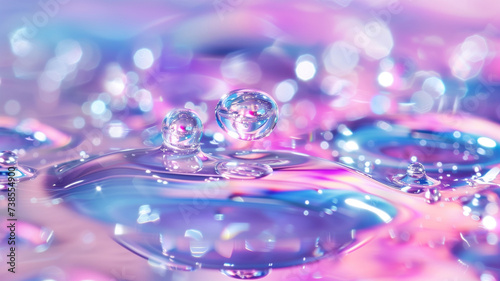 A captivating close-up of water droplets showcasing a spectrum of reflective colors, offering a visual experience of fluid shapes and light play