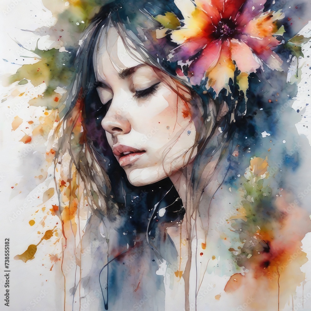 Portrait of a young beautiful woman with flowers, watercolor illustration