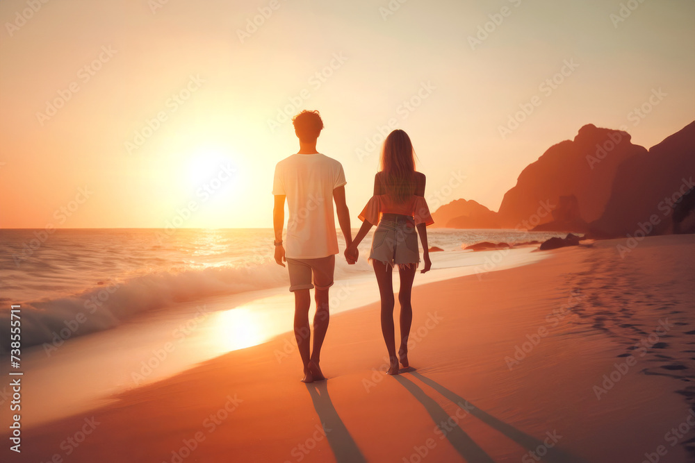 Happy Romantic Young Couple Enjoying Beautiful Sunset Walk on the Beach. Travel Vacation Lifestyle Concept
