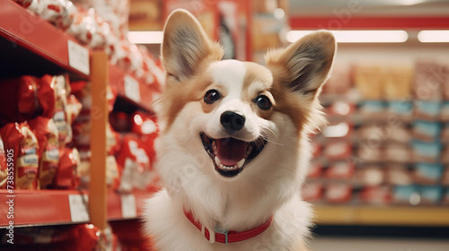 Pet shop, dog in store, animal accessories, happy dog in pet supermarket