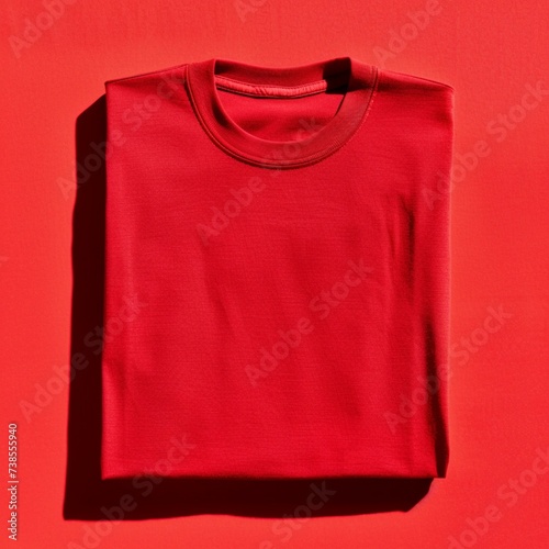 a vibrant red t-shirt, perfectly folded and arranged, emphasizing the bold color and clean lines