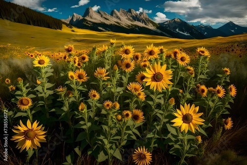 Heartleaf Arnica sunflower montana flowers in meadow mountain range. Wildflower wildflowers with the sage brush is a native blossom sunflowers species of Yellowstone Park Crandall Wyoming flower.