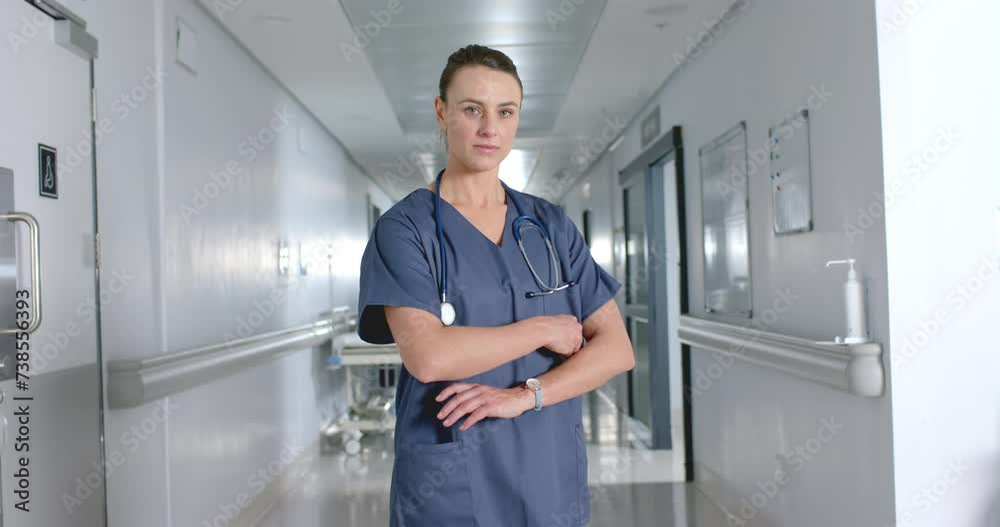 Confident Caucasian woman doctor stands in a hospital corridor Confident Caucasian woman doctor stands in a hospital corridor