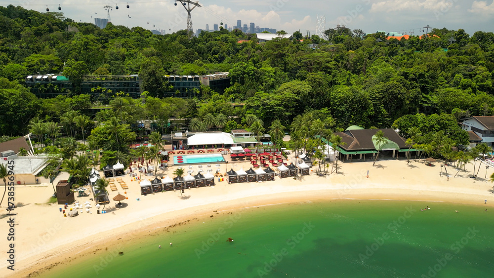 Sentosa Beach, Singapore. Aerial view of beach and coastline on a sunny day