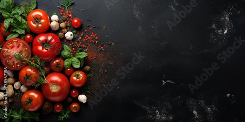 Vegetables on black background with herbs and spices
