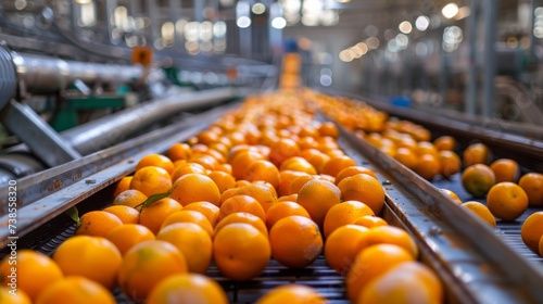 Automated orange processing facility with conveyors full of fresh oranges
