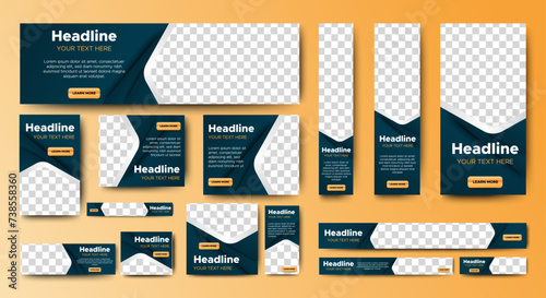 Professional business web ad banner template with photo place. Modern layout blue background and orange shape and text design	