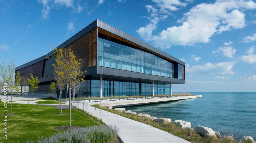 A modern technology building on the lake front A modern technology building on the lake front
