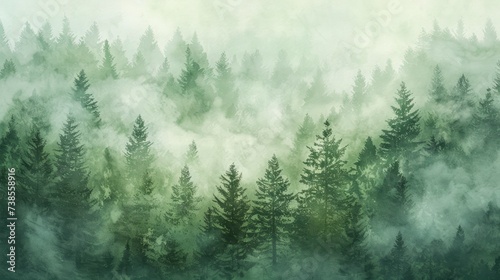 Serenity in the Pines, Watercolor Painting of a Green Pine Forest Blanketed in Fog, Emanating a Serene and Mysterious Atmosphere. © MdBaki