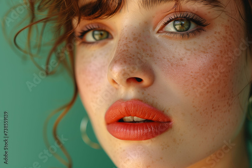 High-resolution image capturing a young woman's face with detailed freckles and striking green eyes on a green background..