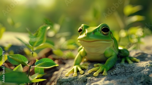 Green Frog in Natural Habitat  Blending Seamlessly with the Verdant Nature Background.