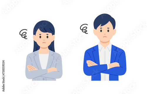 腕を組んで悩むポーズをするビジネスパーソン男女のセット【人物ベクターイラスト素材】