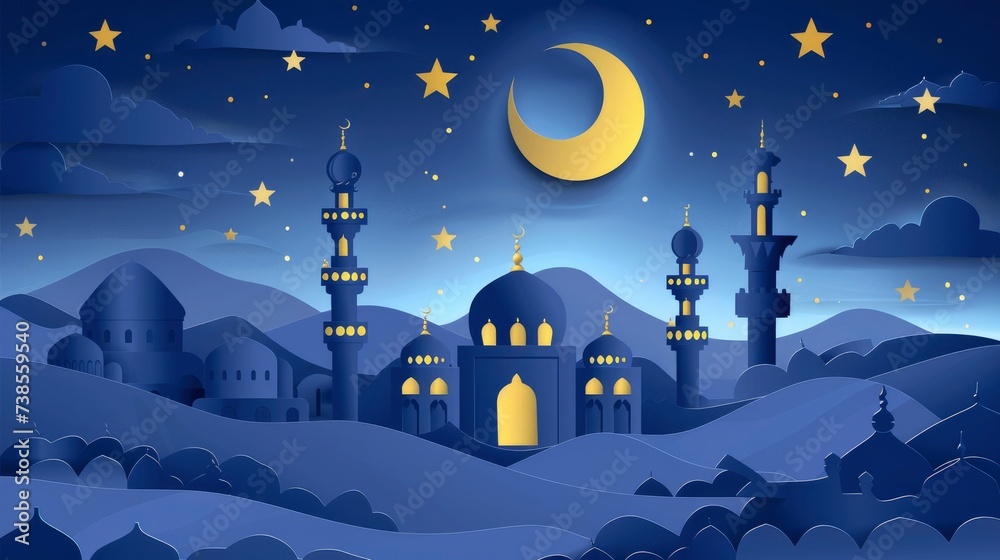 Paper cut mosque with crescent moon at night. Ramadan Kareem festival concept Paper cut mosque with crescent moon at night. Ramadan Kareem festival concept