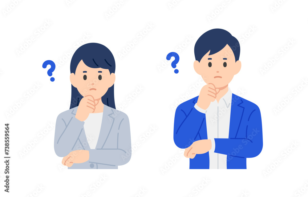 疑問・考えるポーズをするビジネスパーソン男女のセット【人物ベクターイラスト素材】 疑問・考えるポーズをするビジネスパーソン男女のセット【人物ベクターイラスト素材】