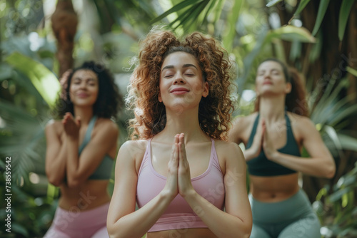women enjoying a joyful yoga class, nature background