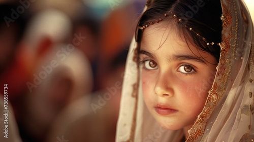 Silent Grief: Blurred onlookers fail to perceive the grief hidden in a child bride's eyes.