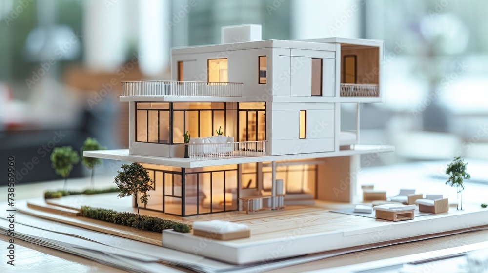 Architectural Vision. Small House Model Placed on a Floorplan in an Architect Office. Architectural Vision. Small House Model Placed on a Floorplan in an Architect Office.