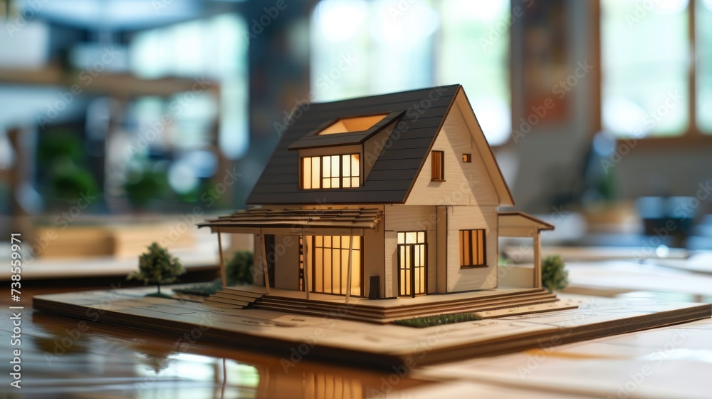 Architectural Vision. Small House Model Placed on a Floorplan in an Architect Office. Architectural Vision. Small House Model Placed on a Floorplan in an Architect Office.