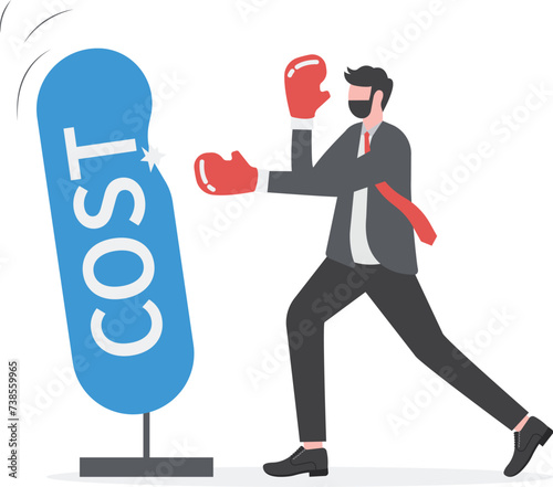 Cost reduction or efficiency design concept. Businessman character punch hardly the punching bag with word "cost" on it. Metaphor vector illustration, Business template

