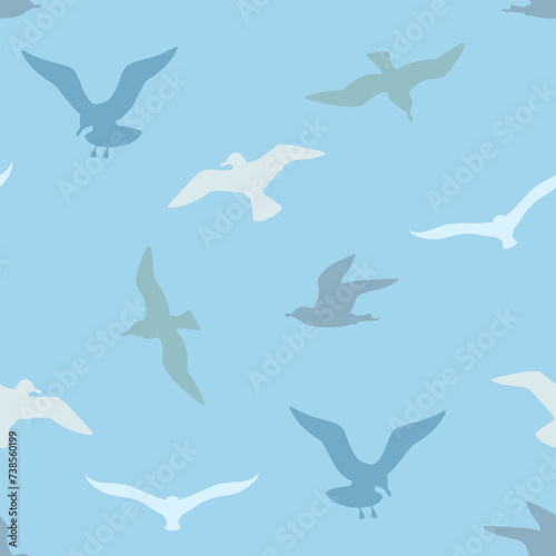 Flying seagulls seamless pattern. Vector background with silhouettes of sea birds on blue.