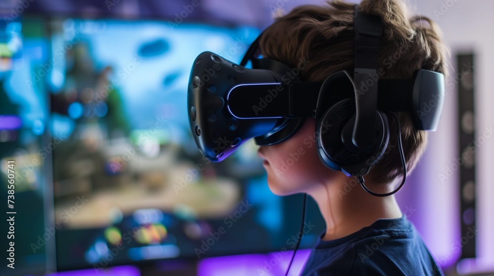 Side view of a young gamer immersed in virtual reality with a VR headset and headphones against a blurred game screen. Side view of a young gamer immersed in virtual reality with a VR headset and headphones against a blurred game screen.