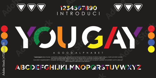 Modern LGBTQ You Gay Abstract Alphabet Font with rainbow color. Minimal Technology Typography, Creative Urban Sports Fashion Futuristic Font and Numbers. Vector illustration EPS 10