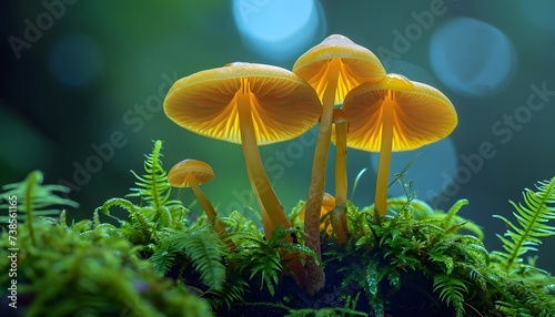 up close underneath view of yellow mushrooms in green mossy forest macro