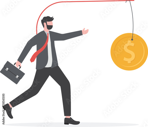 businessman running after dangling dollar coin

