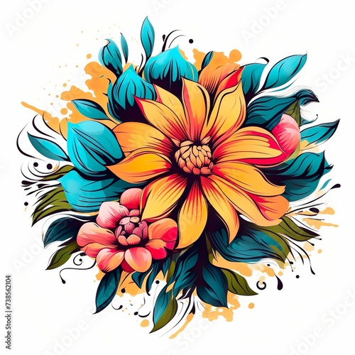 colorful Flower art with paint splashes on white background for t-shirt design 