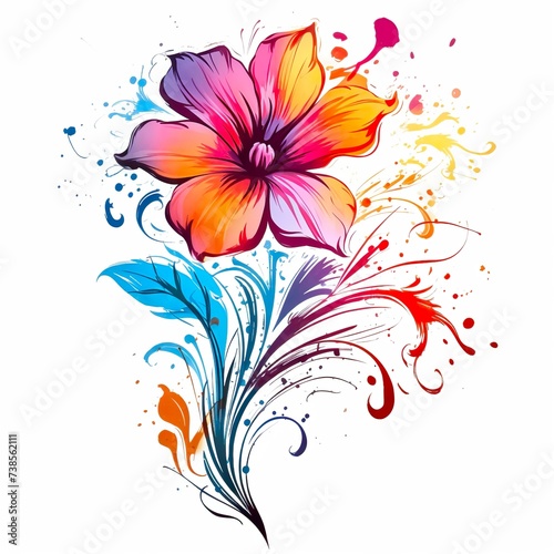 colorful Flower art with paint splashes on white background for t-shirt design 