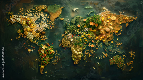 Feeding the World Sustainably, how can the world be fed in future. World Map made from different food. generative ai  photo