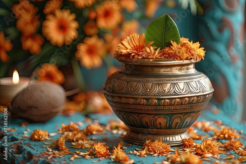 Dhanteras, Akshaya Tritiya, Golden kalash decorated with sun flowers and mango leaf photo