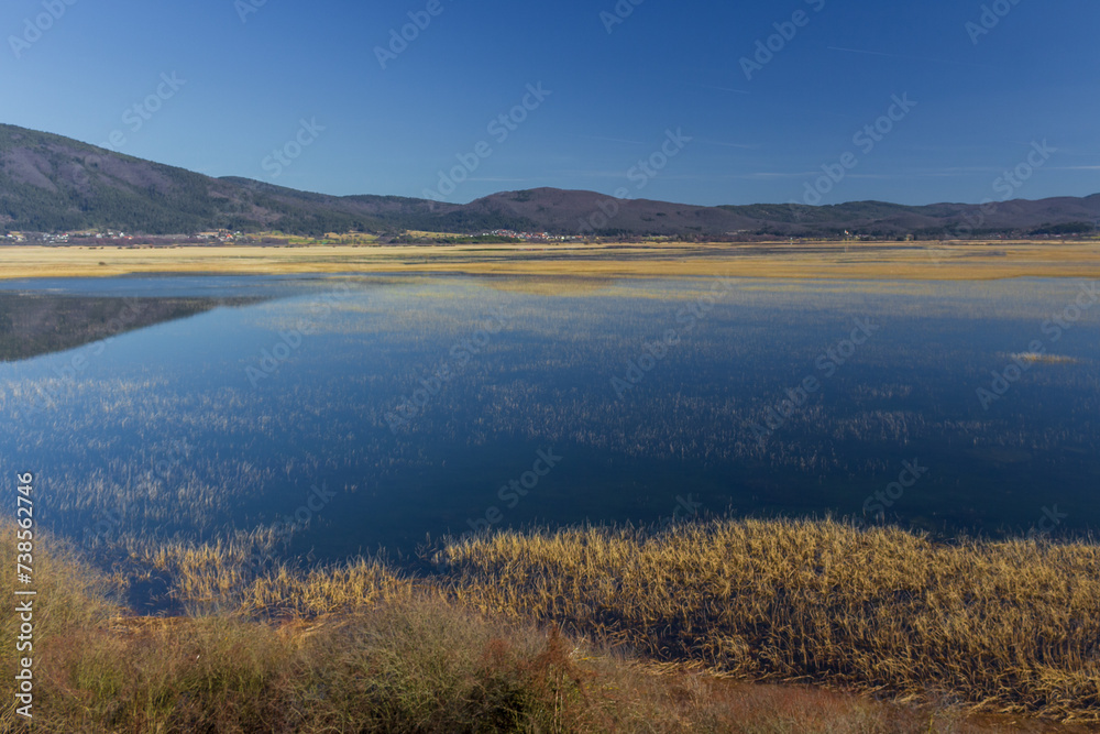 A lake with grassy patches