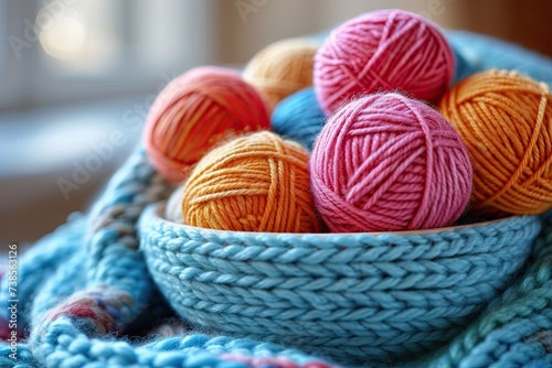 Colorful woolen yarn in a woolen basket