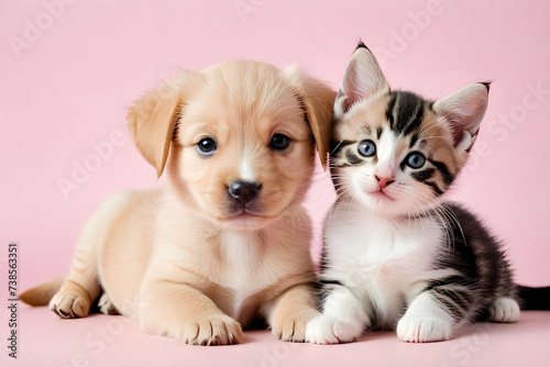 A puppy and a kitten smiling affectionately. Generative AI
