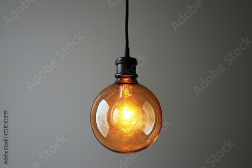 A vintage light bulb hanging from a ceiling, glowing warmly against a cool, grey background