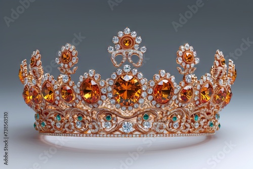 Beauty pageant winner, bride accessory in wedding and royal crown for a queen concept with a silver tiara covered diamonds and orange sapphire stones