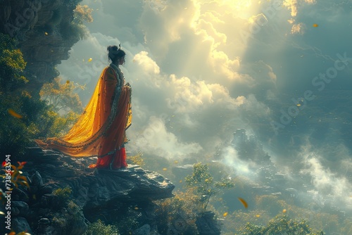 A Graceful Woman Admiring the Majestic Mountains in a Flowing Dress