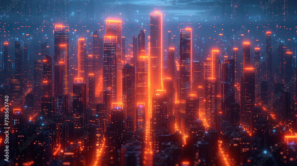 Neon city cyberspace orange lights with tall buildings at night wallpaper background
