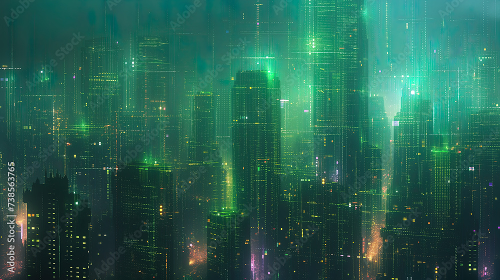 Dramatic future cyberspace cityscape buildings in green color abstract wallpaper background