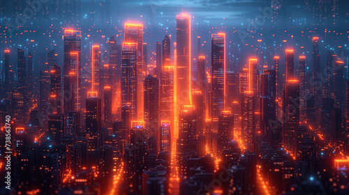 Neon city cyberspace orange lights with tall buildings at night wallpaper background