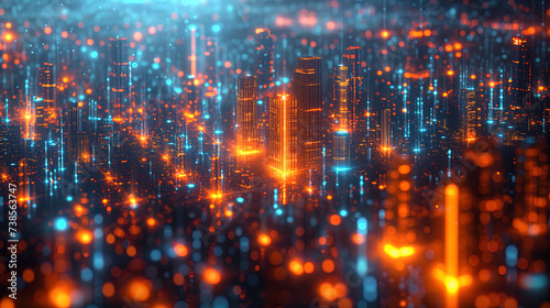 Dreamy cyberspace city buildings in orange and cyan colors futuristic networking wallpaper background