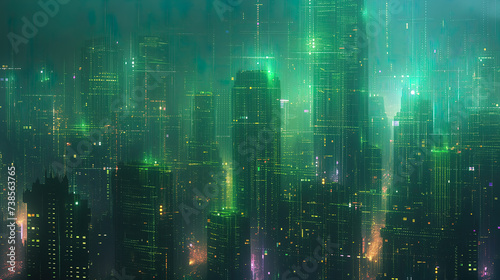 Dramatic future cyberspace cityscape buildings in green color abstract wallpaper background © Video_StockOrg