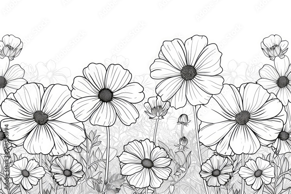 A beautiful cosmos flower garden black thick line scene isolated on a white background